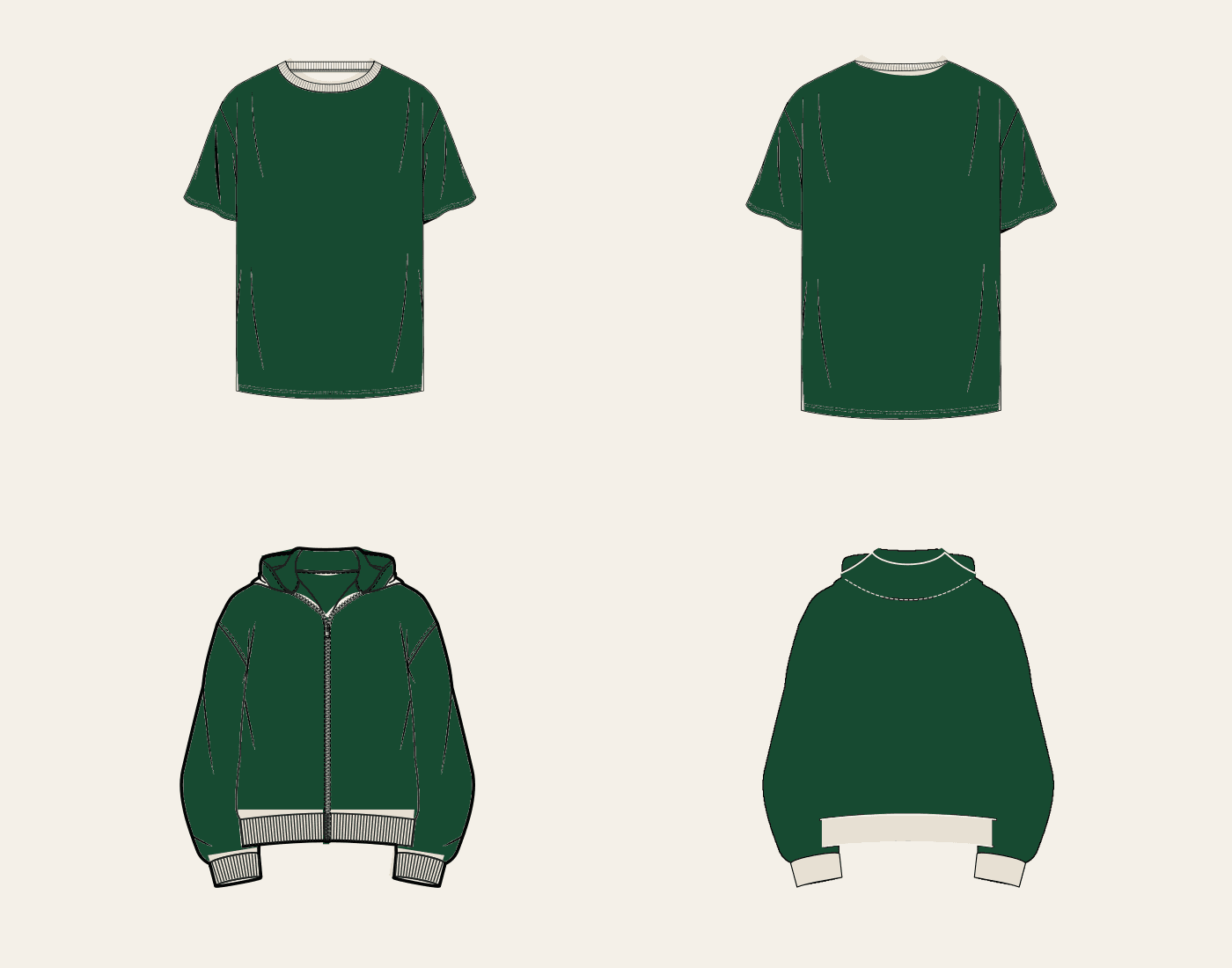 Studio Tee and Studio Zip Hoodie technical flats configured by color zone